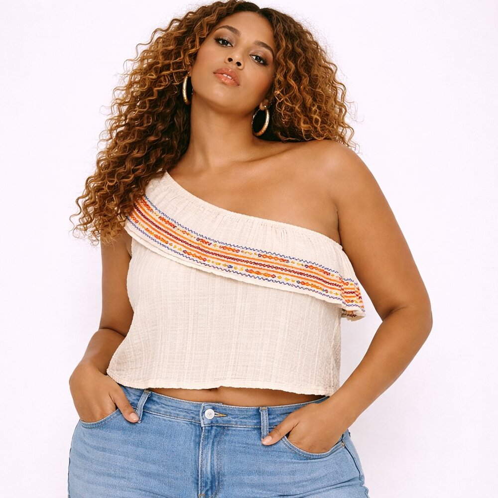 Lucky Brand One Shoulder Cropped Top Size Small Boho Cream Ruffle Embroidered De